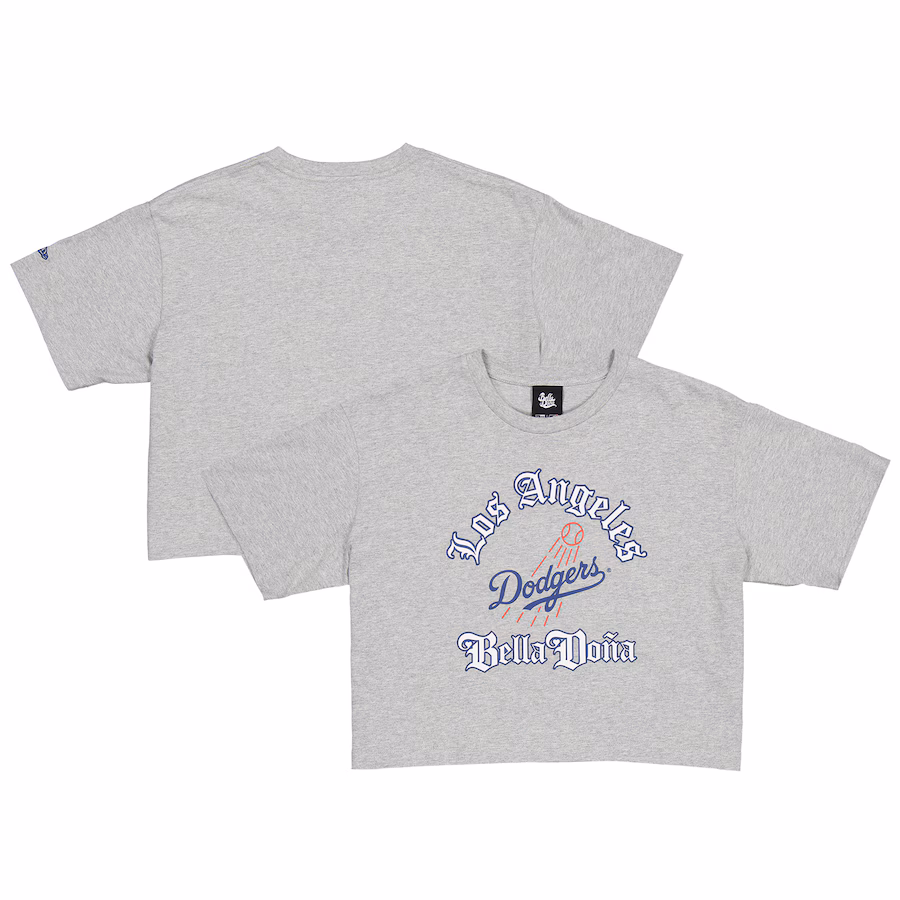 Women's New Era Gray Bella Dona x Los Angeles Dodgers Boxy Crop T-Shirt - Jersey