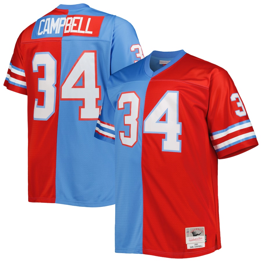 Men's Houston Oilers Earl Campbell Mitchell & Ness Light Blue/Red Big & Tall Gridiron Classics Split Legacy Retired Player Replica Jersey - Jersey