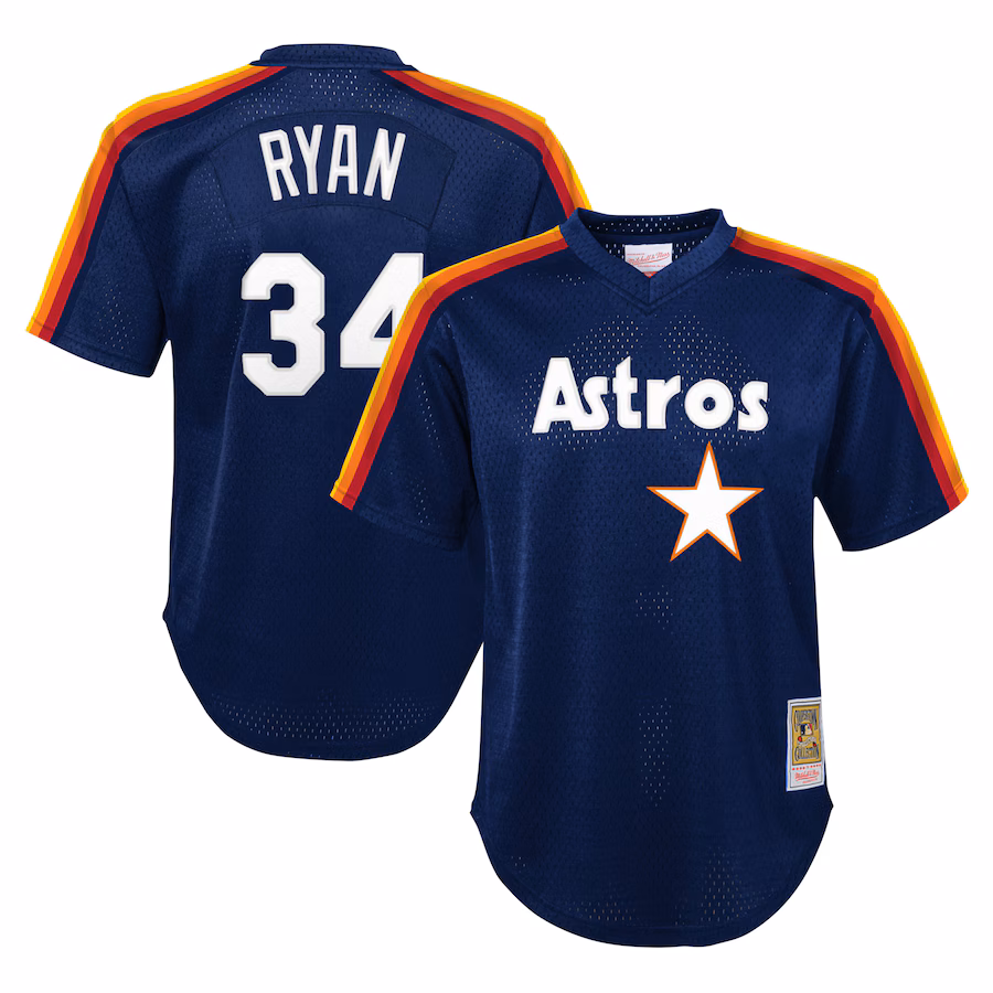 Youth Houston Astros Nolan Ryan Mitchell & Ness Navy Cooperstown Collection Mesh Batting Practice Jersey - Jersey