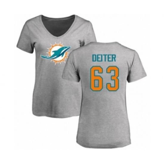 Football Women's Miami Dolphins #63 Michael Deiter Ash Name & Number Logo T-Shirt - Jersey