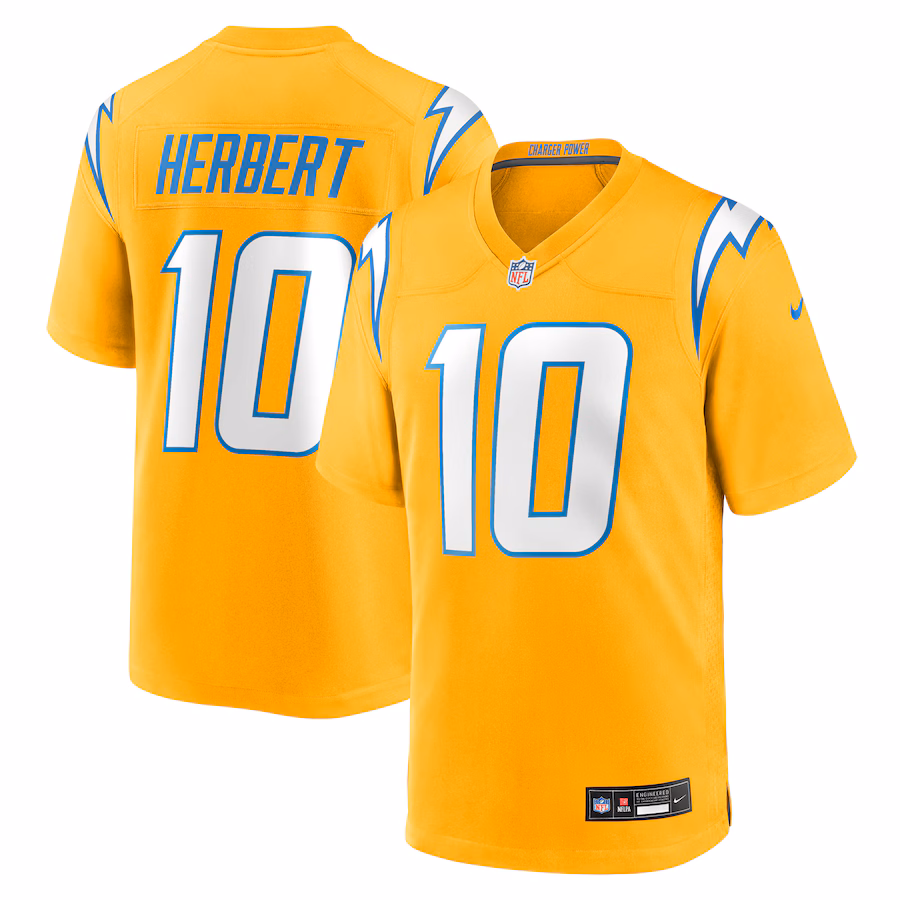 Men's Los Angeles Chargers Justin Herbert Nike Gold Alternate Charger Power Game Player Jersey - Jersey