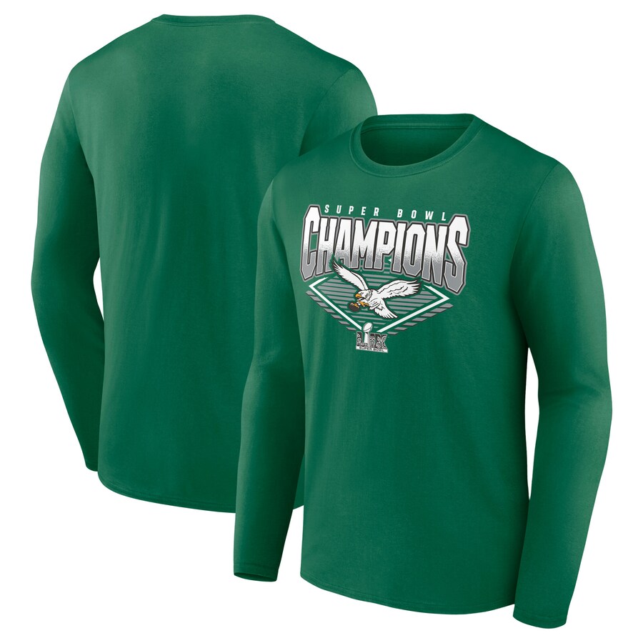 Men's Philadelphia Eagles  Fanatics Kelly Green Super Bowl LIX Champions Retro Graphic Long Sleeve T-Shirt - Jersey