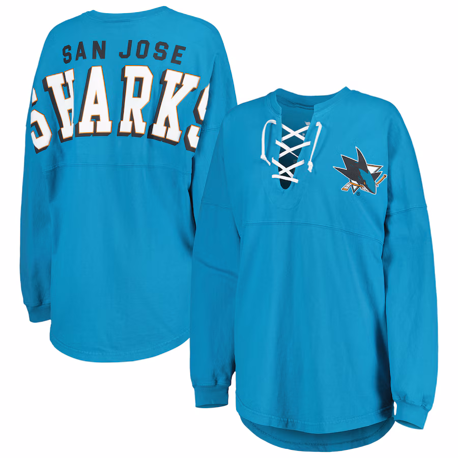Women's San Jose Sharks Fanatics Teal Spirit Lace-Up V-Neck Long Sleeve Jersey T-Shirt - Jersey