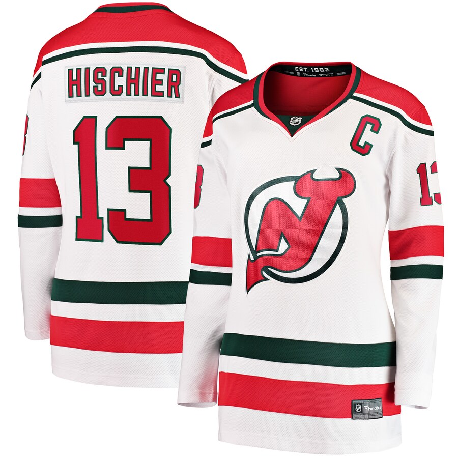 Women's New Jersey Devils Nico Hischier Fanatics Branded White 2022/23 Heritage Premier Breakaway Jersey - Jersey