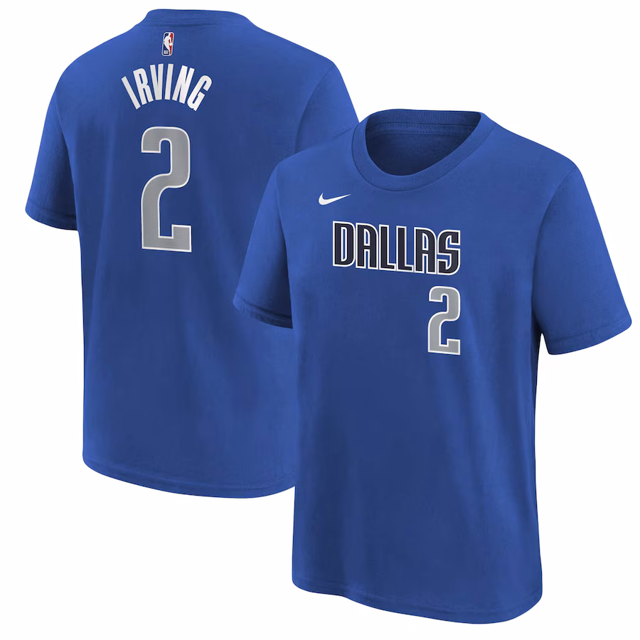 Youth Dallas Mavericks Kyrie Irving Nike Blue Icon Name & Number T-Shirt - Jersey