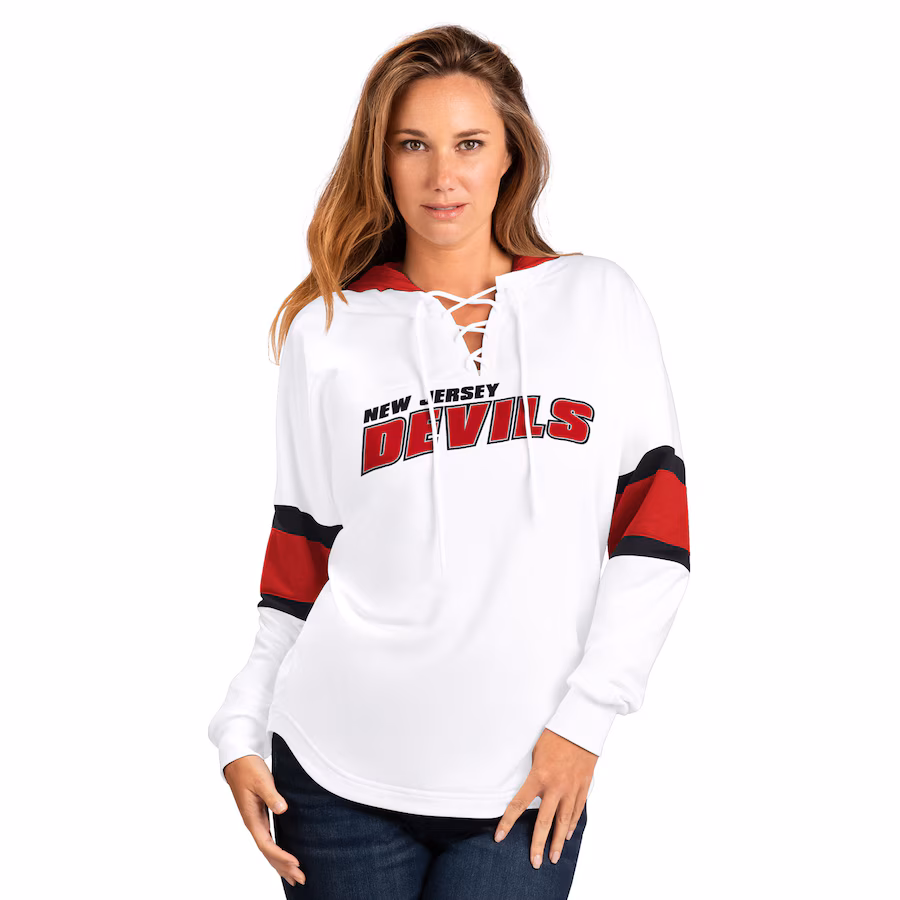 Women's New Jersey Devils G-III 4Her by Carl Banks White/Red Goal Zone Long Sleeve Lace-Up Hoodie T-Shirt - Jersey