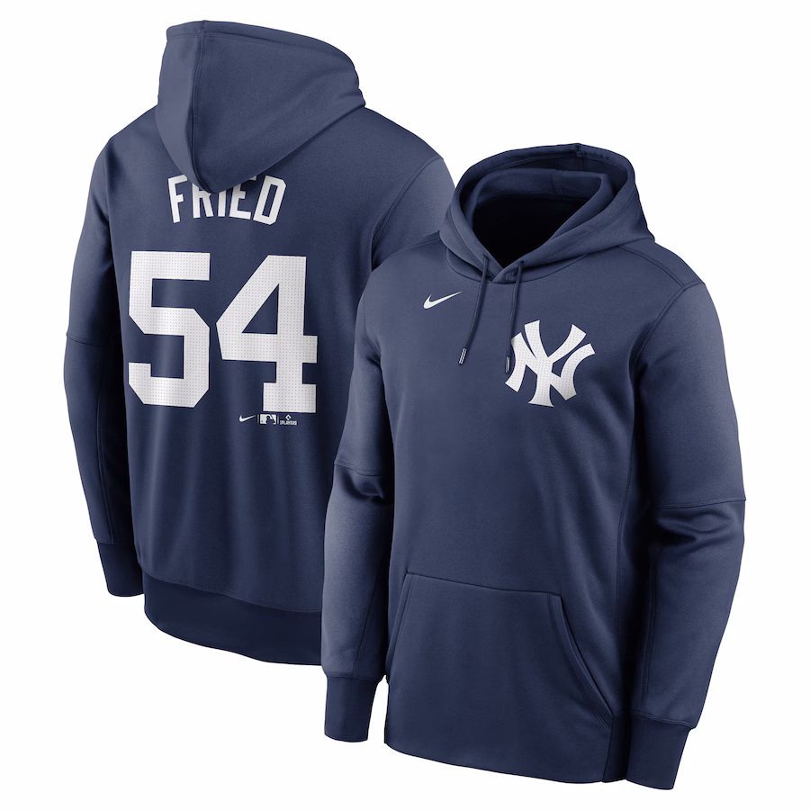 Men's New York Yankees Max Fried Nike Navy Name & Number Pullover Hoodie - Jersey