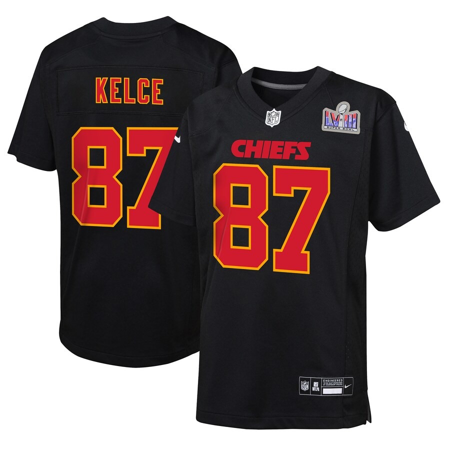 Youth Kansas City Chiefs Travis Kelce Nike Black Super Bowl LVIII Patch Carbon Fashion Game Jersey - Jersey