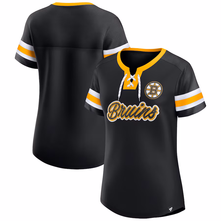 Women's Boston Bruins Fanatics Black Iconic Athena Lace-Up T-Shirt - Jersey