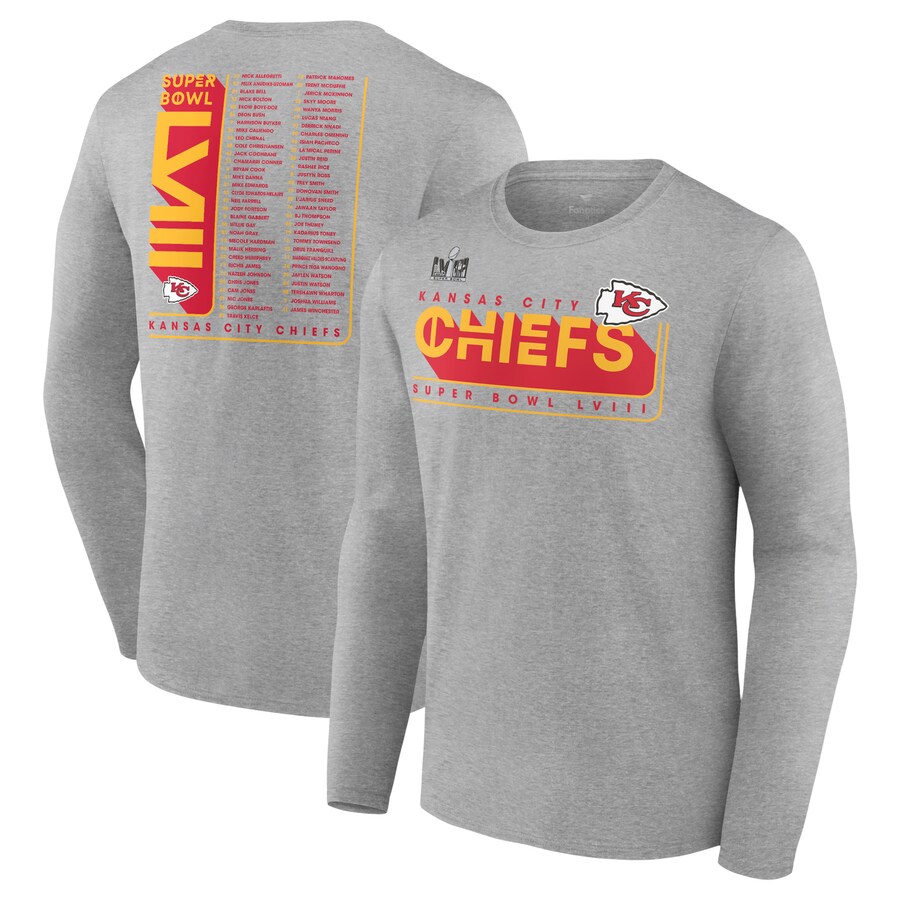 Men's Kansas City Chiefs Fanatics Heather Charcoal Super Bowl LVIII Roster Long Sleeve T-Shirt - Jersey