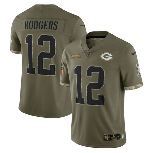 Men's Green Bay Packers #12 Aaron Rodgers 2022 Olive Salute To Service Limited Stitched Jersey - Jersey