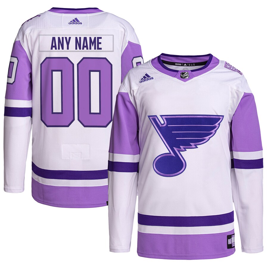 Men's St. Louis Blues adidas White/Purple Hockey Fights Cancer Primegreen Authentic Custom Jersey - Jersey