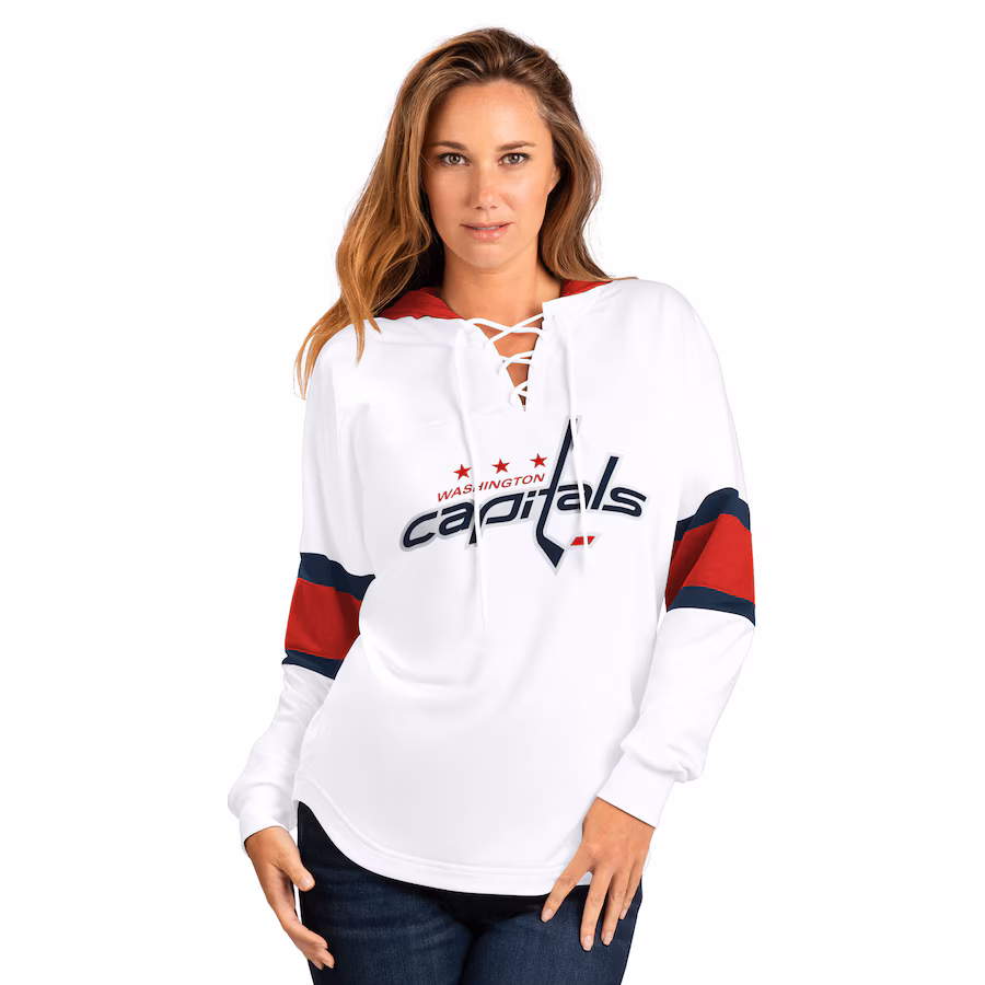 Women's Washington Capitals G-III 4Her by Carl Banks White Goal Zone Long Sleeve Lace-Up Hoodie T-Shirt - Jersey
