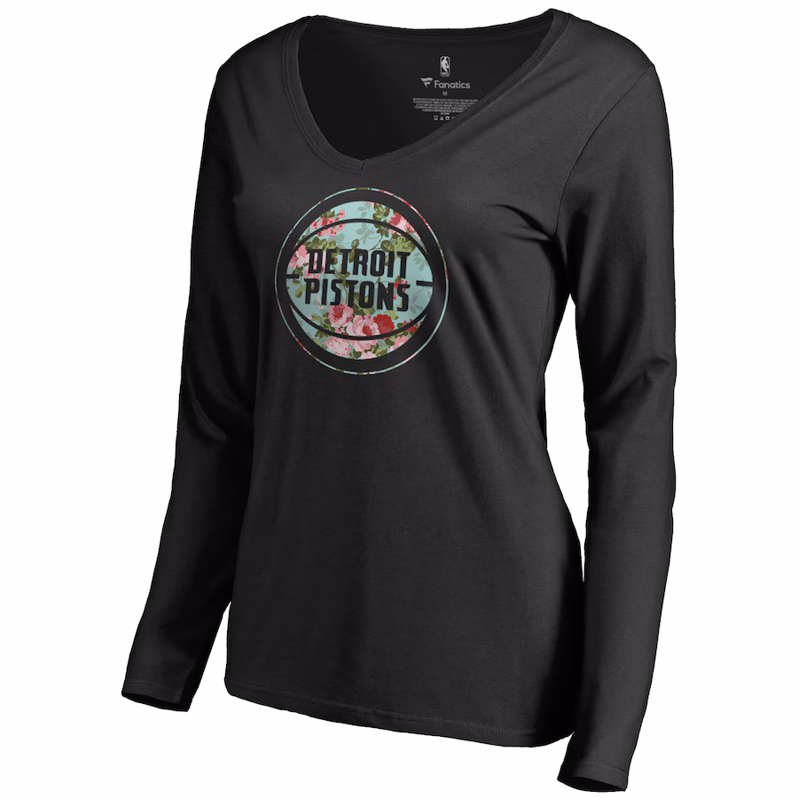 Women's Detroit Pistons Black Lovely V-Neck Long Sleeve T-Shirt - Jersey