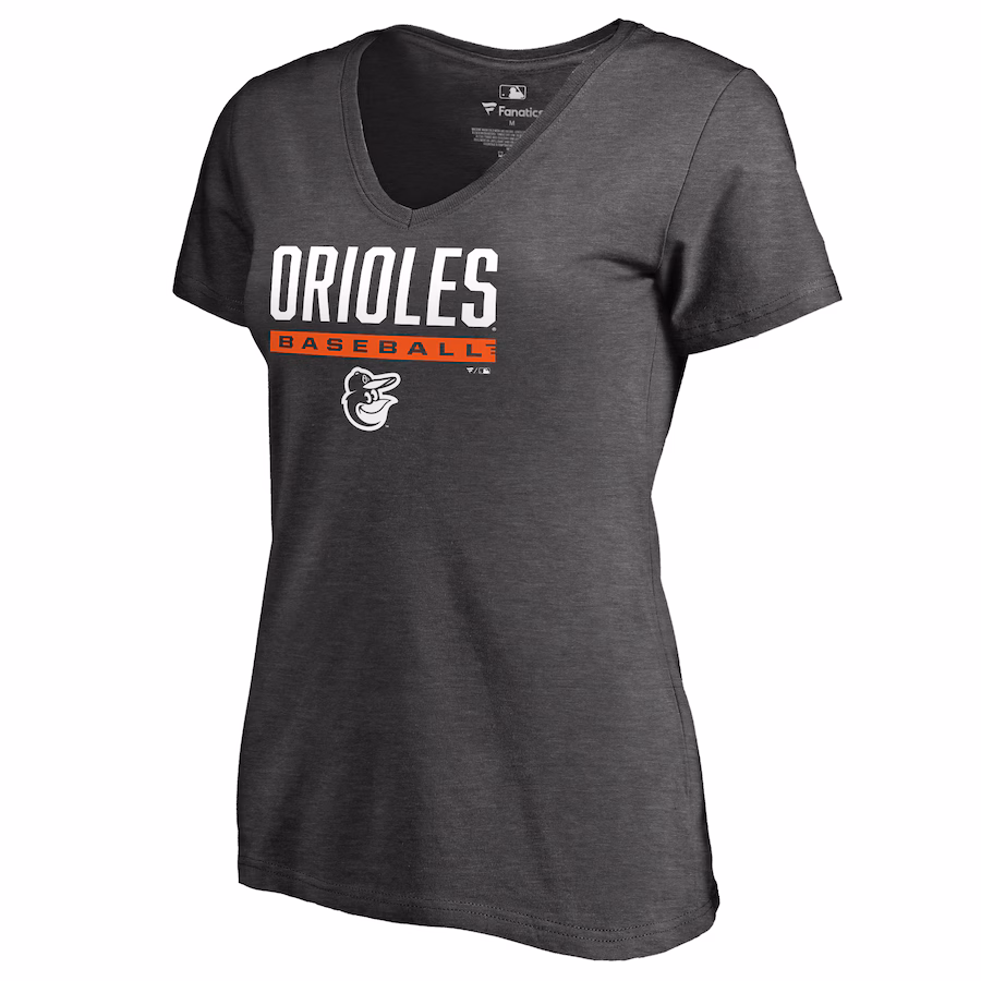Women's Baltimore Orioles Ash Win Stripe V-Neck T-Shirt - Jersey