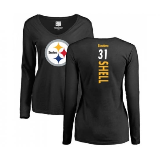 Football Women's Pittsburgh Steelers #31 Donnie Shell Black Backer Slim Fit Long Sleeve T-Shirt - Jersey