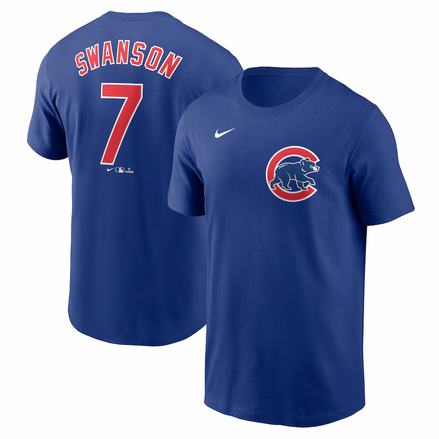 Men's Chicago Cubs Dansby Swanson Nike Royal Fuse Name & Number T-Shirt - Jersey