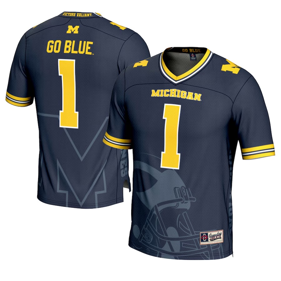 Men's GameDay Greats #1 Navy Michigan Wolverines Icon Print Football Fashion Jersey - Jersey