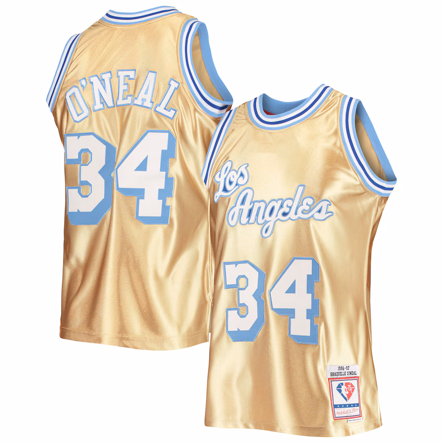 Men's Los Angeles Lakers Shaquille O'Neal Gold Mitchell & Ness 75th Anniversary 1996/97 Hardwood Classics Swingman Jersey - Jersey