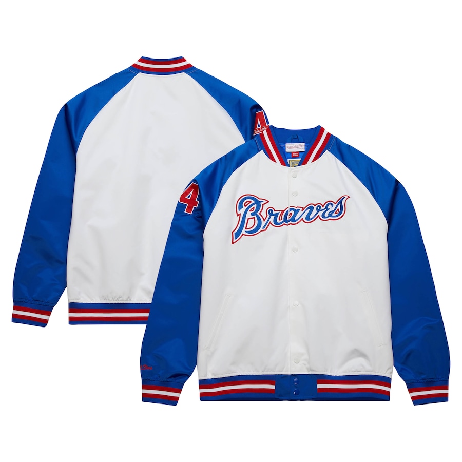 Men's Atlanta Braves Hank Aaron Mitchell & Ness White/Royal Cooperstown Collection Legends Lightweight Satin Raglan Full-Snap Jacket - Jersey