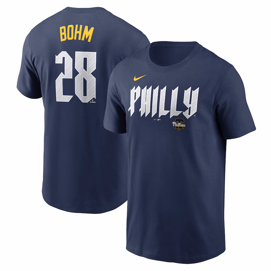Men's Philadelphia Phillies Alec Bohm Nike Navy 2024 City Connect Fuse Name & Number T-Shirt - Jersey