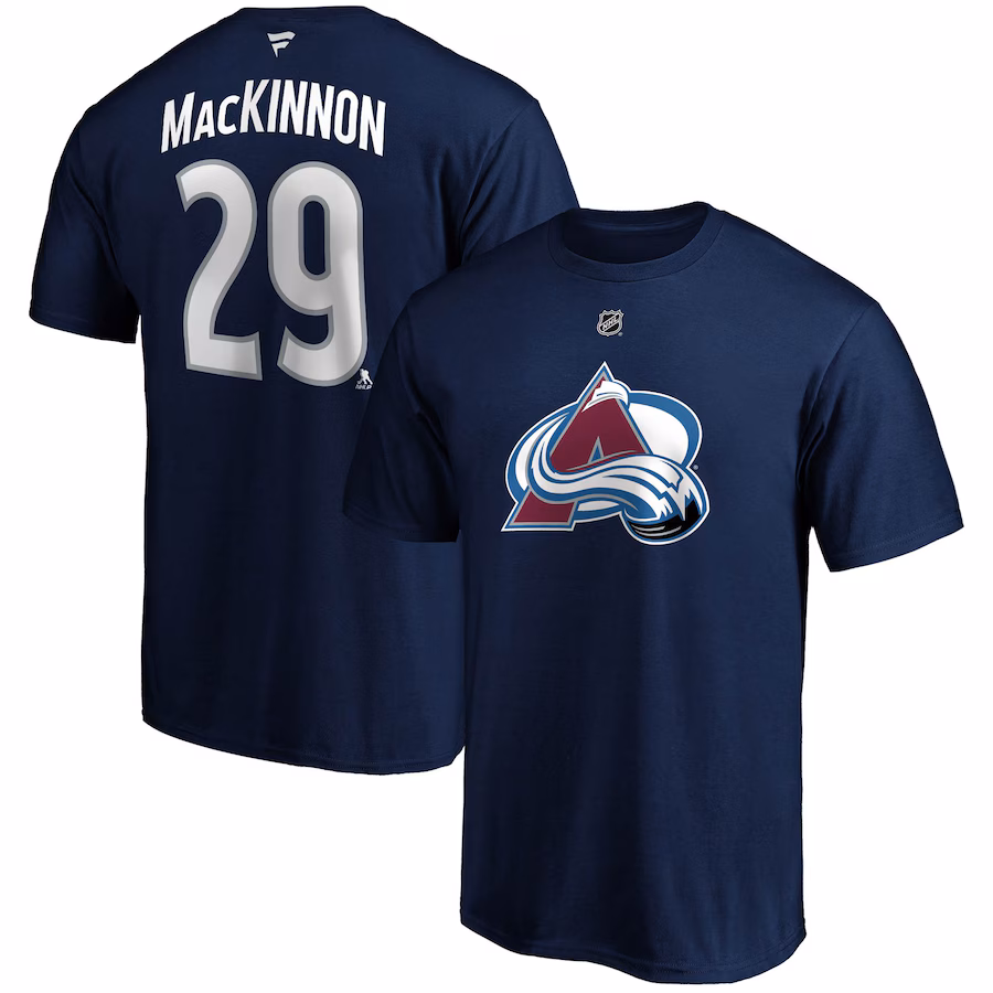 Men's Colorado Avalanche Nathan MacKinnon Fanatics Navy Authentic Stack Name & Number T-Shirt - Jersey
