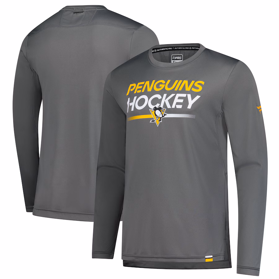 Men's Pittsburgh Penguins Fanatics Gray Authentic Pro Tech Long Sleeve T-Shirt - Jersey
