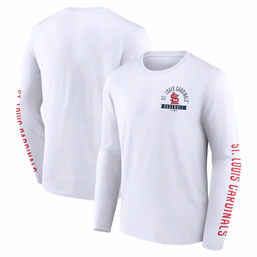 Men's St. Louis Cardinals Fanatics White Press Box Long Sleeve T-Shirt - Jersey