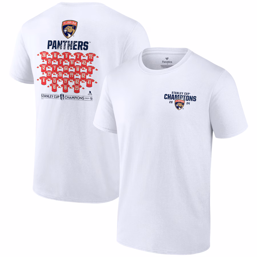 Men's Florida Panthers Fanatics White 2024 Stanley Cup Champions Jersey Roster T-Shirt - Jersey