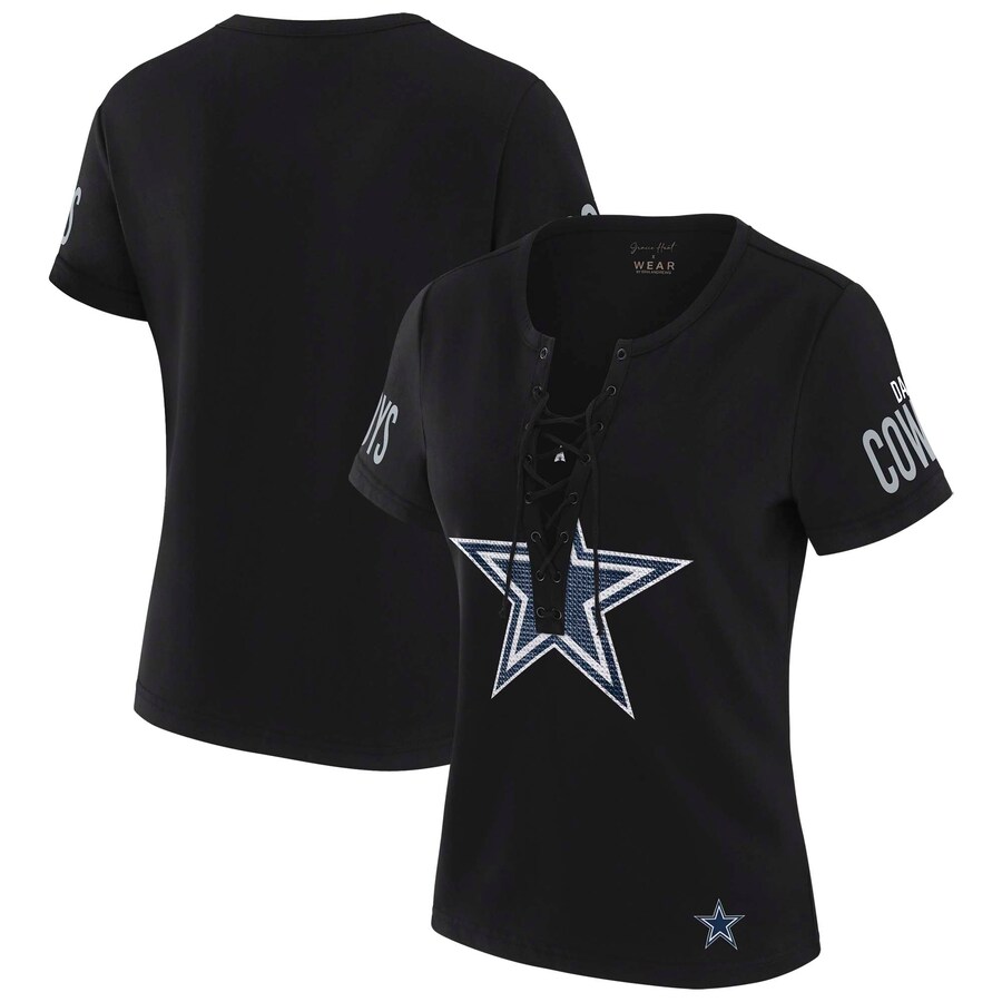 Women's Dallas Cowboys WEAR by Erin Andrews x Gracie Hunt Black Draft Me Lace-Up T-Shirt - Jersey
