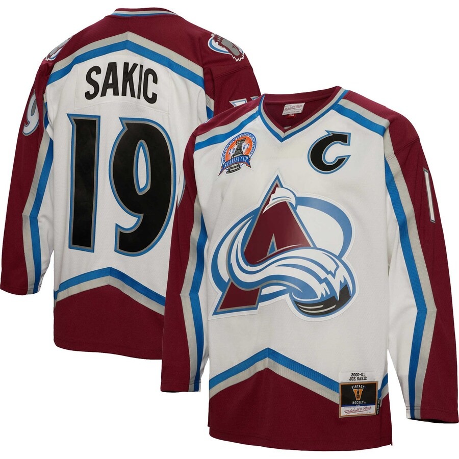Men's Colorado Avalanche Joe Sakic Mitchell & Ness White 2000/01 Captain Patch Blue Line Player Jersey - Jersey