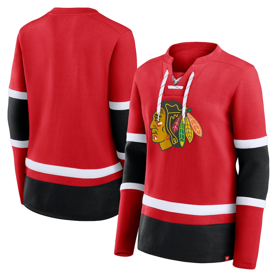 Women's Chicago Blackhawks Fanatics Red Prime Time Lace-Up Long Sleeve T-Shirt - Jersey