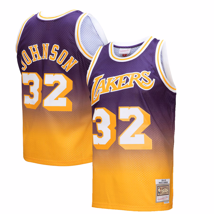 Men's Los Angeles Lakers Magic Johnson Mitchell & Ness Gold/Purple 1984/85 Hardwood Classics Fadeaway Swingman Player Jersey - Jersey