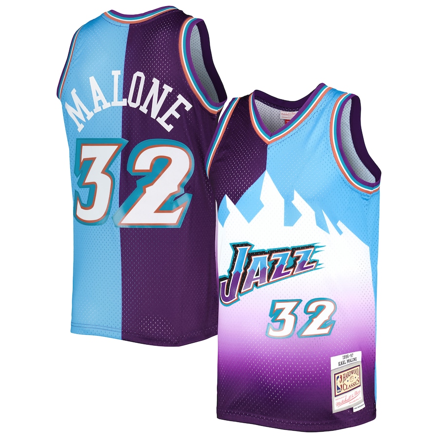 Men's Utah Jazz Karl Malone Mitchell & Ness Purple/Turquoise Hardwood Classics 1996/97 Split Swingman Jersey - Jersey
