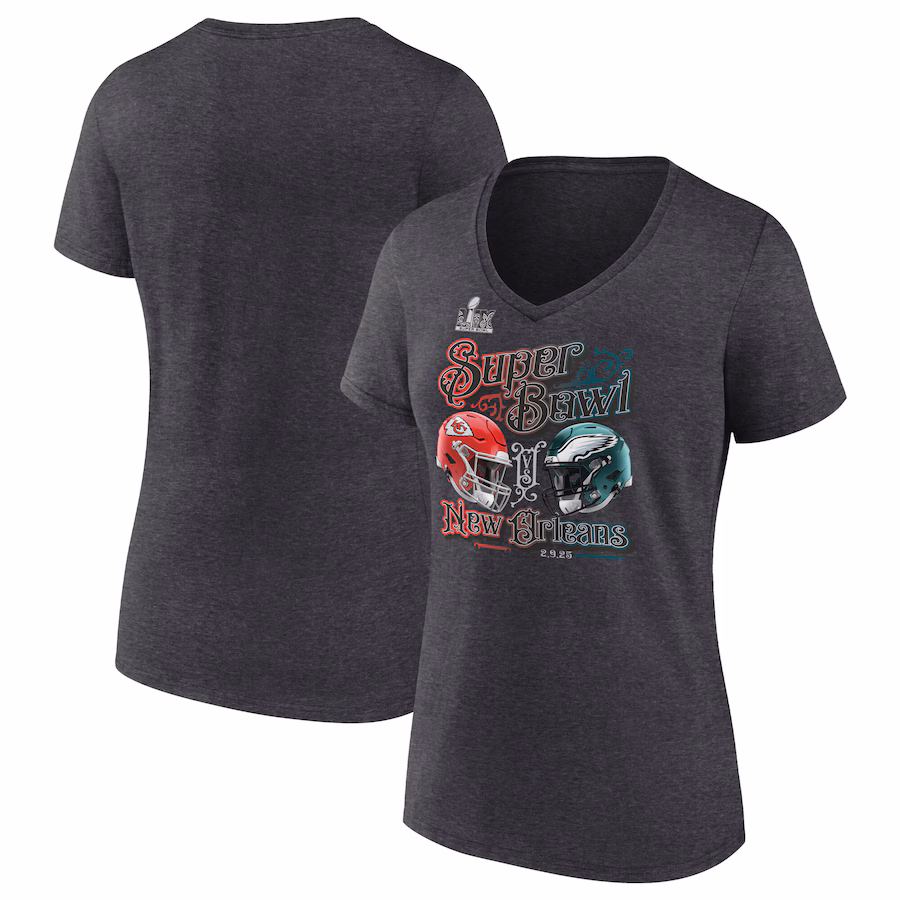 Women's Kansas City Chiefs vs. Philadelphia Eagles Fanatics Heather Charcoal Super Bowl LIX Matchup Plus Size Final Battle V-Neck T-Shirt - Jersey