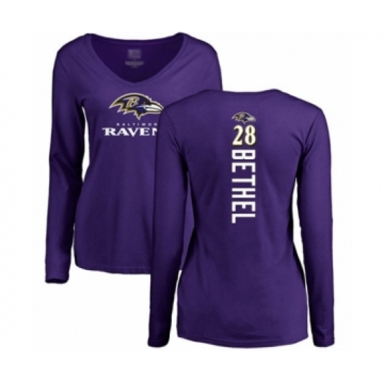 Football Women's Baltimore Ravens #28 Justin Bethel Purple Backer Long Sleeve T-Shirt - Jersey
