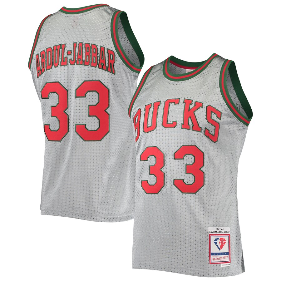 Men's Milwaukee Bucks Kareem Abdul-Jabbar Silver Mitchell & Ness 75th Anniversary 1971/72 Hardwood Classics Swingman Jersey - Jersey