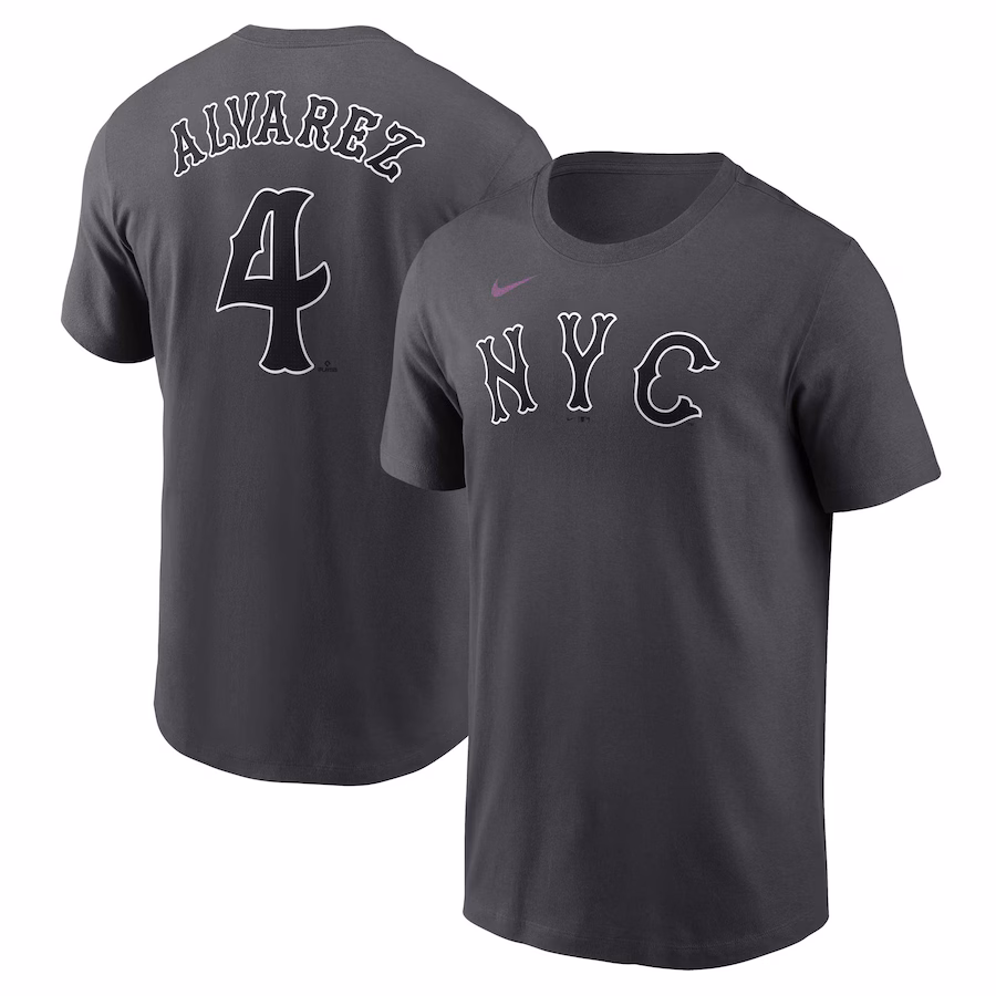 Men's New York Mets Francisco Alvarez Nike Charcoal 2024 City Connect Fuse Name & Number T-Shirt - Jersey