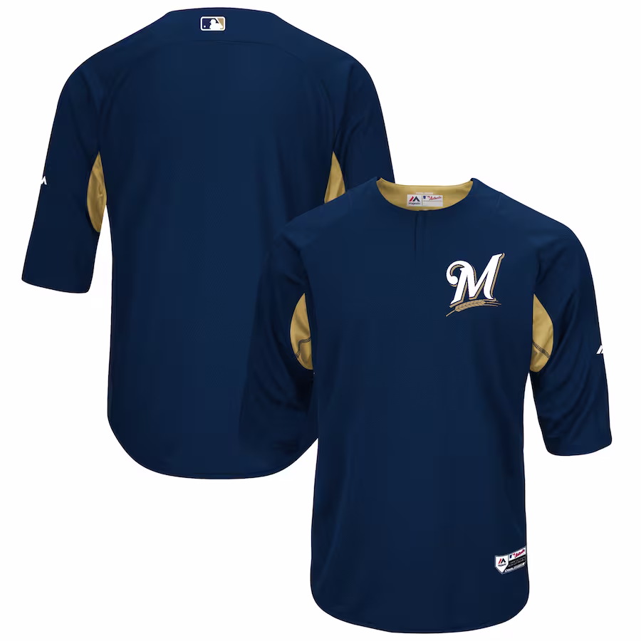 Men's Milwaukee Brewers Majestic Navy/Gold Authentic Collection On-Field 3/4-Sleeve Batting Practice Jersey - Jersey