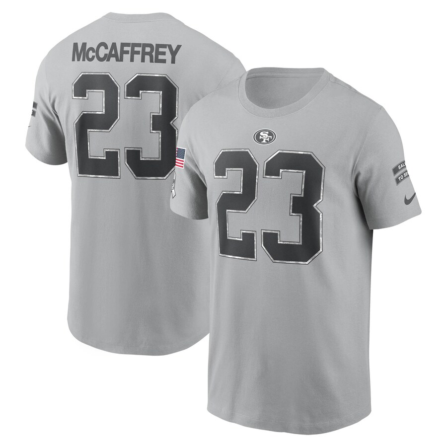Men's San Francisco 49ers Christian McCaffrey Nike Gray 2024 Salute To Service Name & Number T-Shirt - Jersey