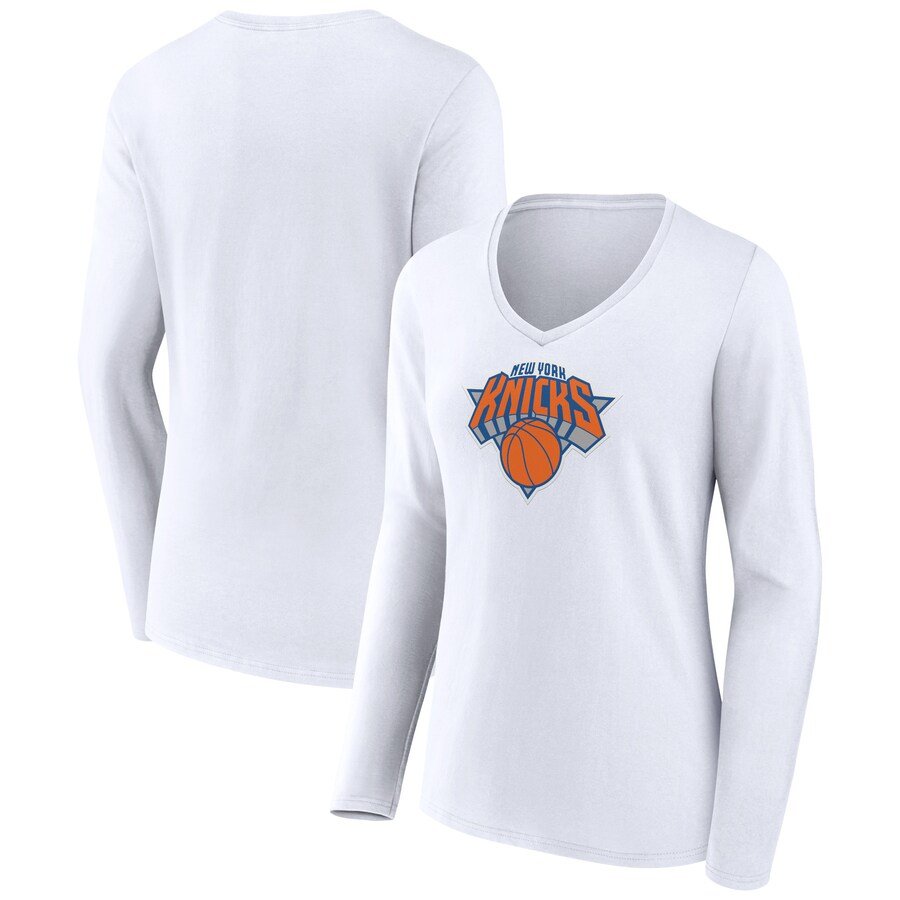 Women's New York Knicks White Logo Long Sleeve V-Neck T-Shirt - Jersey