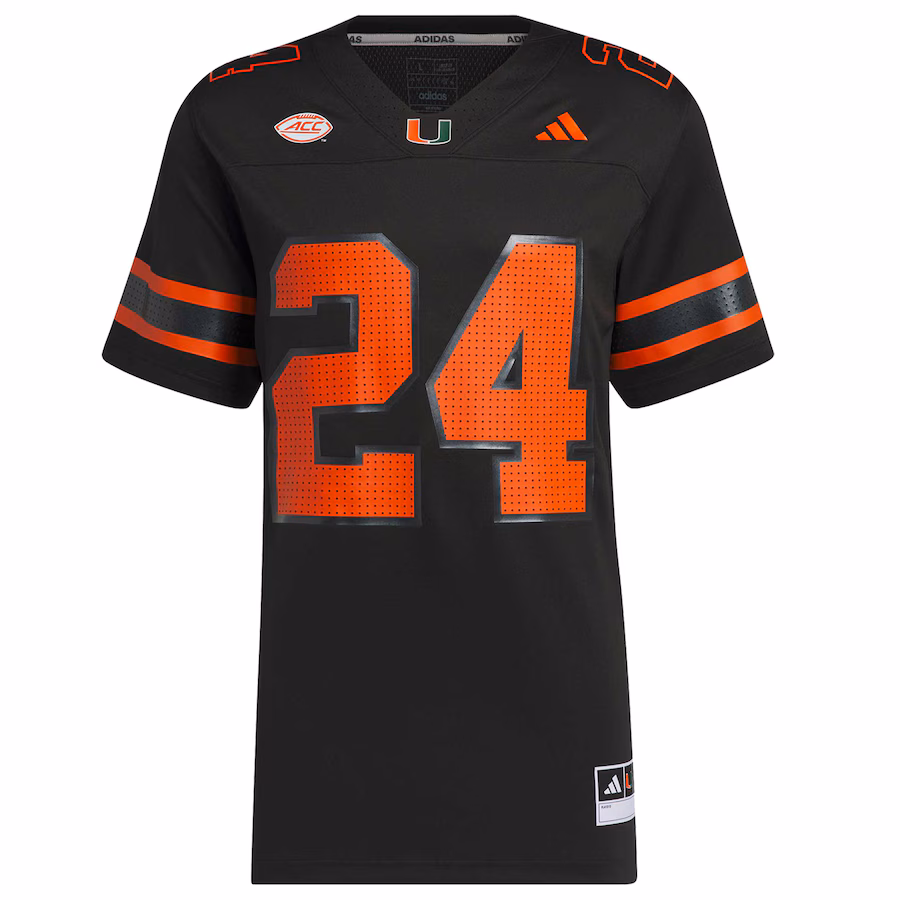 Men's adidas #24 Black Miami Hurricanes Premier Strategy Jersey - Jersey