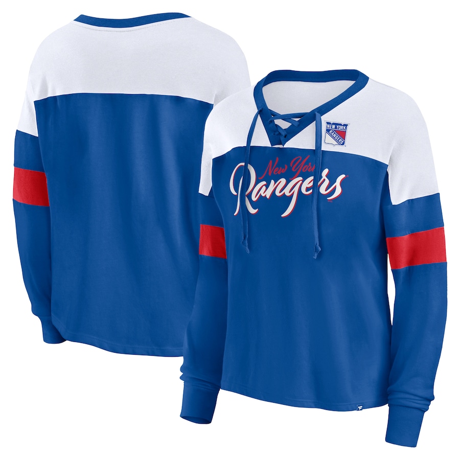 Women's New York Rangers Fanatics Blue Take the Shot Long Sleeve Lace-Up V-Neck T-Shirt - Jersey