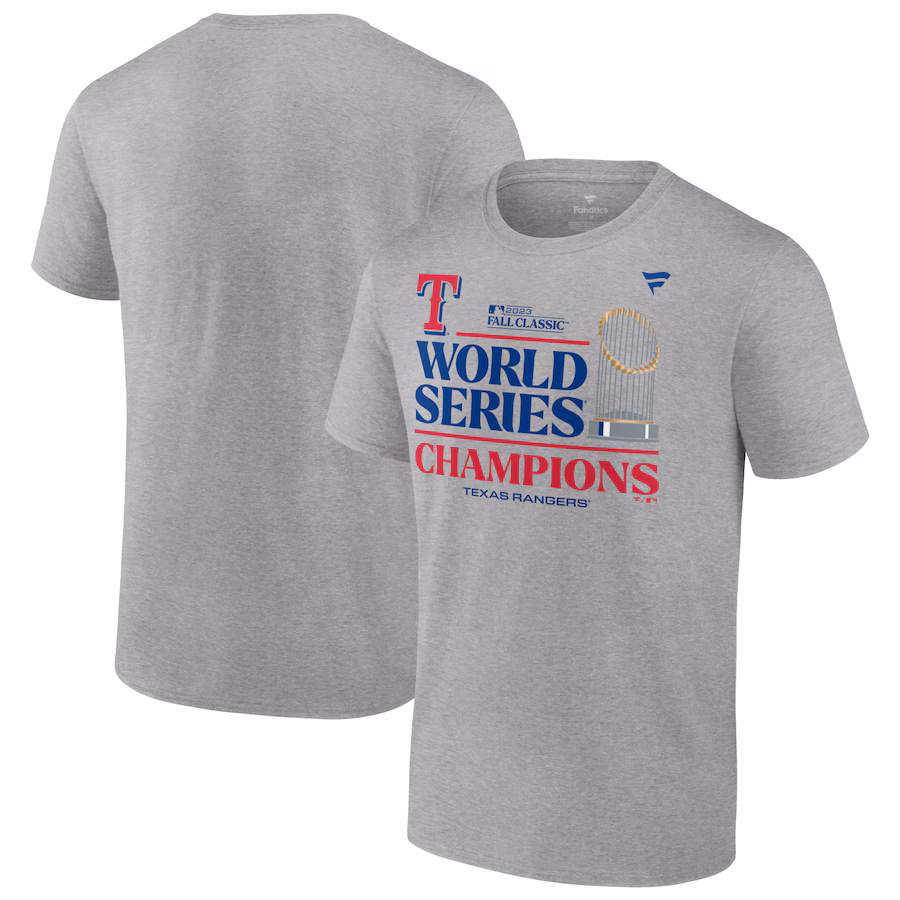Men's Texas Rangers Fanatics Heather Gray 2023 World Series Champions Locker Room T-Shirt - Jersey