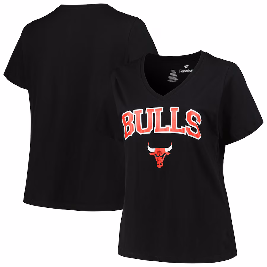 Women's Chicago Bulls Profile Black Plus Size Arch Over Logo V-Neck T-Shirt - Jersey