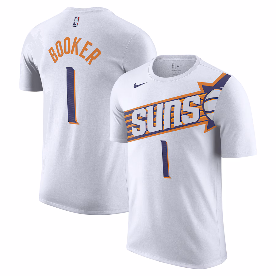 Men's Phoenix Suns Devin Booker Nike White 2023/24 Association Name & Number T-Shirt - Jersey
