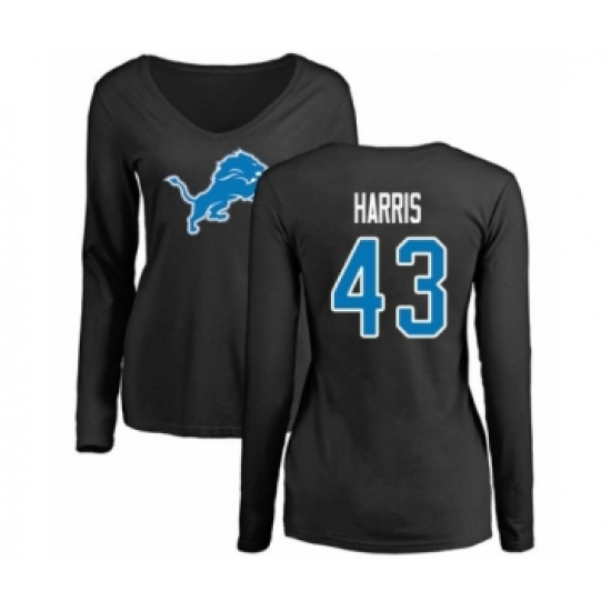 Football Women's Detroit Lions #43 Will Harris Black Name & Number Logo Long Sleeve T-Shirt - Jersey