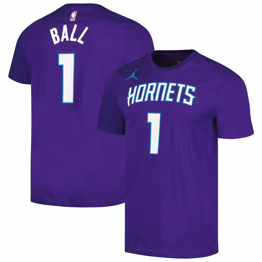 Men's Charlotte Hornets LaMelo Ball Jordan Brand Purple 2022/23 Statement Edition Name & Number T-Shirt - Jersey