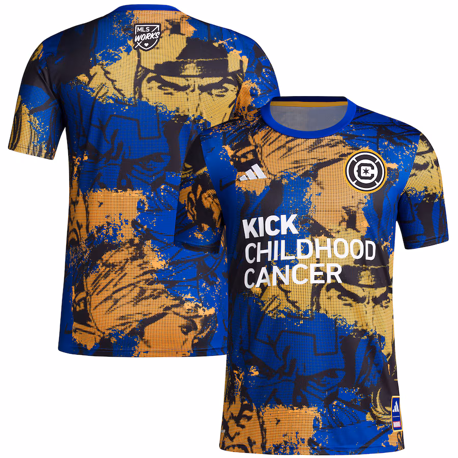 Men's Chicago Fire adidas Royal 2023 MLS Works Kick Childhood Cancer x Marvel Pre-Match Top - Jersey