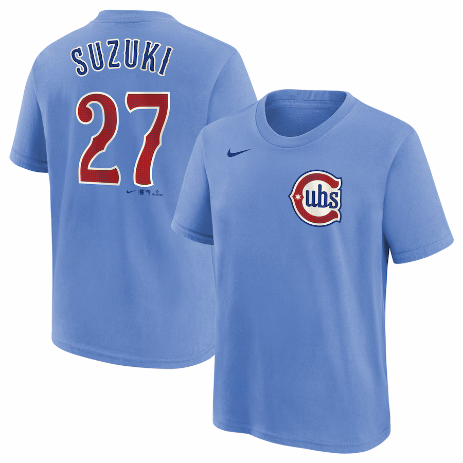 Youth Chicago Cubs Seiya Suzuki Nike Baby Blue Player Name & Number T-Shirt - Jersey